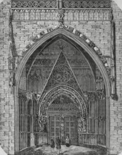Palma, Mallorca, Balearic Islands, Spain. Cathedral. Mirador portal. Engraving. Cronica General de