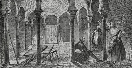 Palma, Mallorca, Balearic Islands, Spain. Arab Baths. Central room. Engraving by Traver. Cronica