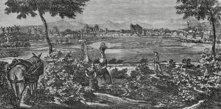 Manacor, Mallorca, Balearic Islands, Spain. View of the town with its typical windmills. Engraving