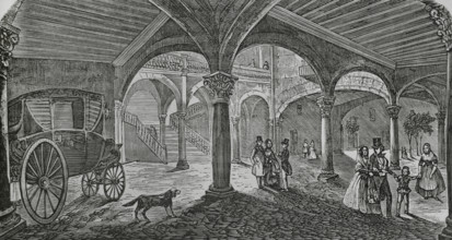 Palma, Mallorca, Balearic Islands, Spain. Courtyard of Can Vivot. Engraving. Cronica General de