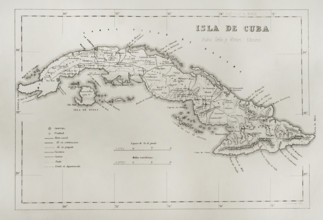 Map of the Island of Cuba (Spanish colonial period). Engraving. Cronica General de Espana, Historia