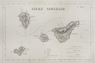 History of Spain. Map of the Canary Islands. Islands of Tenerife, El Hierro, La Gomera and La Palma
