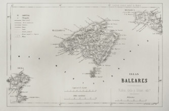 History of Spain. Map of the Balearic Islands. Engraving, 19th century. Cronica General de Espana,