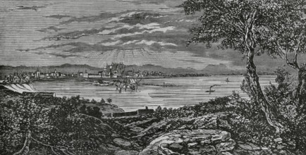 Palma, Mallorca, Balearic Islands, Spain. Panoramic view of the city. Engraving. Cronica General de