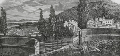 Pollensa (Pollenca), Mallorca, Balearic Islands, Spain. View of the town. Engraving. Cronica