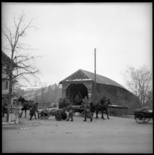 Horse-drawn cart; Roofed wooden bridge, Hasle-Ruegsau; 1955.
