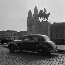 Mercedes 300 in front of Waldmann Memorial, 1952.