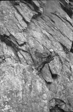 Soldier at rescue training in the rocks, Andermatt 1970.