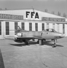 Swiss fighter plane P16 with arming, Altenrhein airport 1955.