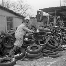 WW 2: economy of war; sorting old tyres.