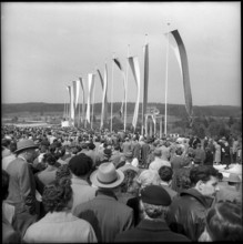 Inauguration; Weinland bridge decorated with flags; 1958.