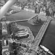 Geneva, Ile Rousseau, Montblanc bridge; aerial view; 1971.