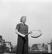Gymnastics teacher with tambourin; gymnastics school 1940.