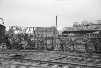WW 2: Bomb airdrop, dropping; railroad shunting yard 'Wolf' Basle 1945.