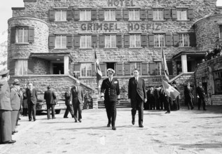 King Frederik of Denmark and federal councillor Tschudi at Grimsel Hospiz, 1965.