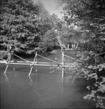 Sappers building bridges across arm of Aare, Brugg 1950.
