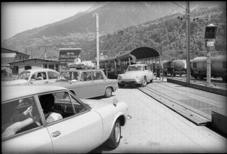 Railway car loading area across Simplon, Brig 1971.