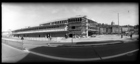 Shell of Globus makeshift is complete, Zurich 1961.