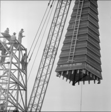 Zollikerberg church under construction, roof of bell tower 1959.