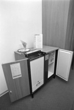 Mini bar and safe in the Hotel Hilton in Zurich Kloten, 1971.