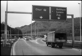 Truck at the street forking Chur and Gotthard, Luzern, Zug 1970.