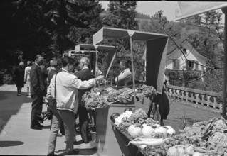 People examining and buying vegetables, 1968.
