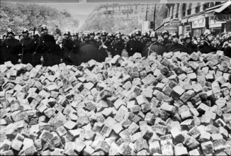 Student riots in Paris 1968: Policemen and paving stones.