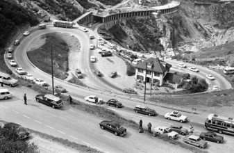 Traffic jam on Gotthard pass road after rock slip 1969.
