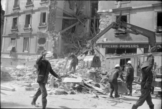 Fire brgade in action at apartment house after explosion, Geneva 1965.