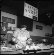 Fishmonger's stall at Rue Centrale in Lausanne 1957.