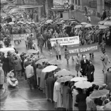 Rainy May Day demonstration in Lausanne 1956.