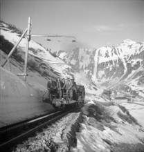 Workers on open goods train in the Rhone valley, 1950.
