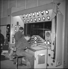 Jet engine test stand of Swissair, control desk, Kloten 1961.