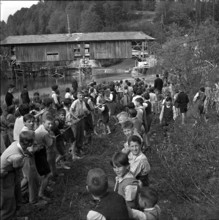 Children helping to displace an old wooden bridge; 1952.