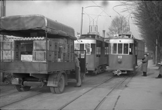 Goods transport for LVZ by tram in Zurich, Petrol, gas penury in Switzerland 1941.