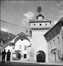 Clock tower of the monastery church of Romainmotier 1952.
