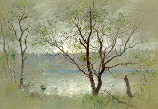 Two trees in the foreground frame the composition. Water in the middle ground