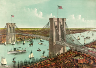 The large suspension bridge over the East River connects the cities of New York and Brooklyn. View from New York