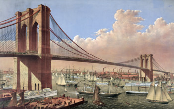 The great suspension bridge over the East River: It connects the cities of New York and Brooklyn. Viewed from New York to the southeast