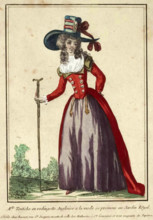 Woman in a fashionable English Rodingotte strolling through the Jardin Royal