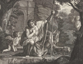 Narcissus contemplates his reflection in the water