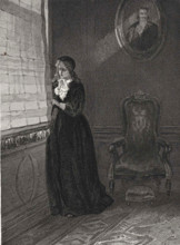 Weeping woman looking through a gap in the curtain