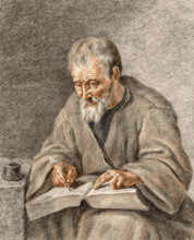 Old man writing notes in a book