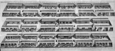 Interior view of Noah's Ark with the animals housed in their compartments on three decks