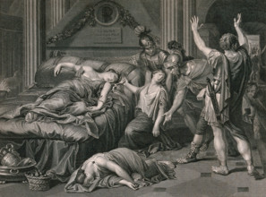 The suicide of Cleopatra: Roman soldiers discover Cleopatra lying dead on her bed with a snake in her left hand