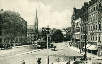 The Falkeplatz with tram in Chemnitz
