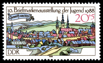 GDR stamp depicting Chemnitz around 1620 on the occasion of the 10th Youth Stamp Exhibition 1988