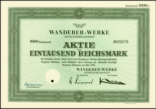 Share valued at 1,000 Reichsmarks of the Wanderer-Werke company in Chemnitz