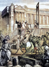The public execution of Louis XVI by guillotine on 21 January 1793 on the Place de la Revolution.
