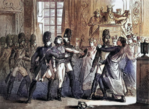 Napoleon Bonaparte leads a group of grenadiers who expelled the Council of Five Hundred (the lower